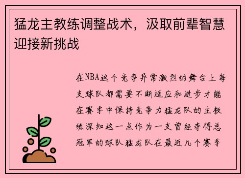 猛龙主教练调整战术，汲取前辈智慧迎接新挑战